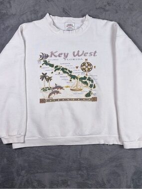Vintage Tultex Key West Graphic Crewneck Sweatshirt Mens XL White Distressed Y2K